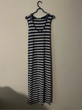 Derek Heart Navy and Gray Striped Scoop Neck Hooded Maxi Dress